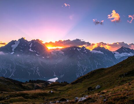 Beautiful Golden Sunset Shining Across Snowy Mountains high resolution wallpaper