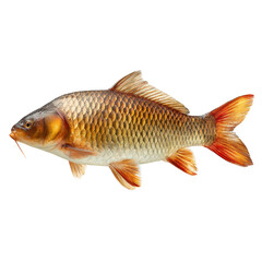 Obraz premium Colorful carp swimming gracefully in clear water, showcasing its vibrant scales and fins during a sunny day near the riverbank