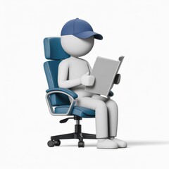 Minimalist 3d stick figure worker in blue cap sitting in office chair reviewing document
