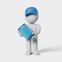 Minimalist 3d stick figure man in blue hat holding a blue water bottle