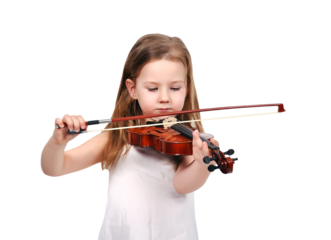 Little child in white dress playing the violin