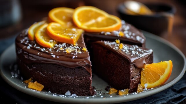 A rich chocolate cake topped with glossy chocolate icing and fresh orange slices sits on a plate. Bright orange accents add warmth to the dessert inviting everyone to taste its sweetness.