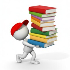 3d character with red cap carries large stack of colorful books