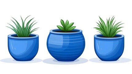 Obraz premium Decorative blue plant pots with greenery indoor setting illustration modern style