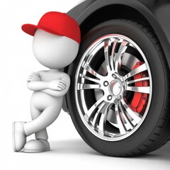 3d character in red cap leaning on shiny car wheel tire and brake