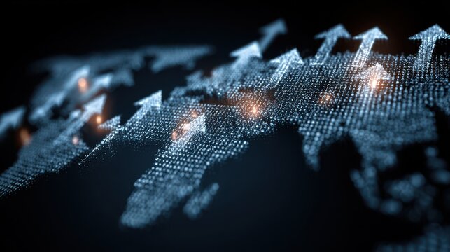 Global digital growth concept with upward arrows on a particle world map, symbolizing business expansion.