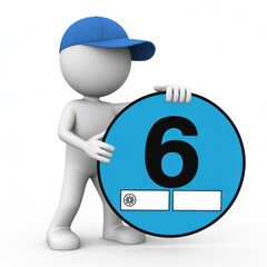 3d stick figure wearing blue cap holding round sign with number six and text boxes