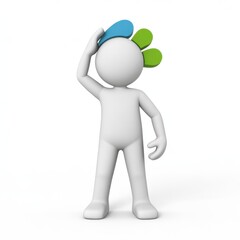 3d white figure in thoughtful pose with colorful abstract elements on head