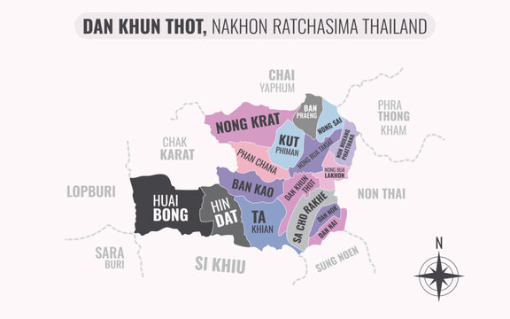 Map showing Dan Khun Thot District Nakhon Ratchasima Thailand divided into sub-districts with minimalist colorful patterns