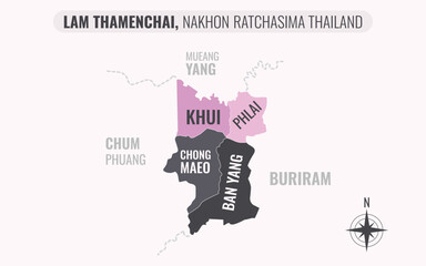 Map showing Lam Thamenchai District Nakhon Ratchasima Thailand divided into sub-districts with minimalist colorful patterns