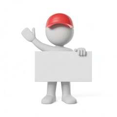 3d white character with red hat holding blank sign and giving thumbs up