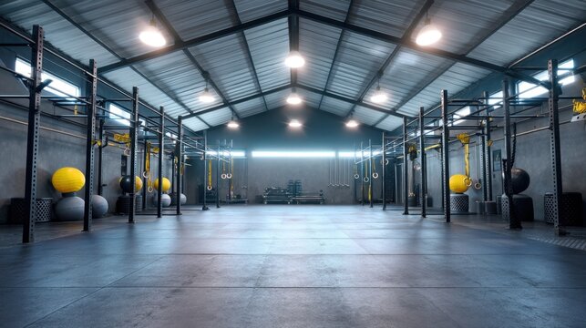 Modern fitness gym interior showcasing workout equipment, spacious layout, bright lighting, and rubber flooring designed for exercise enthusiasts and athletes