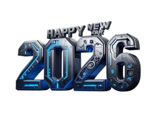  Futuristic AI & Robotics “Happy New Year 2026” Metallic Mech Logo