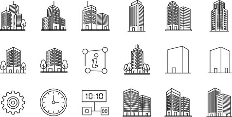 Corporate business and city architecture line icon set featuring various high-rise buildings, office towers, technical settings, clock, and information symbols for real estate and urban development co © Md