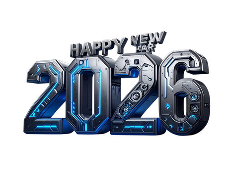  Futuristic AI & Robotics “Happy New Year 2026” Metallic Mech Logo