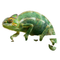 Obraz premium Colorful chameleon in mid-leap showcasing vibrant green hues and unique texture against a plain background