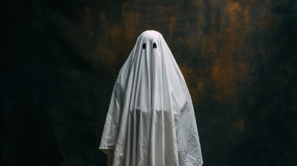 A ghostly figure draped in a white sheet with black eye holes stands quietly in a dark setting. The atmosphere feels eerie perfect for a Halloween event or costume party.