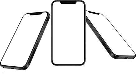 Three modern smartphone mockups with blank white screens displayed in different angled views, ideal for showcasing mobile applications, responsive web design, digital products, and technology presenta