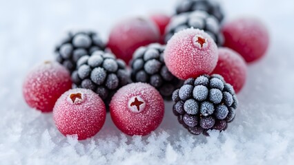 Closeup of frosted cranberries and blackberries resting on a bed of fresh snow
