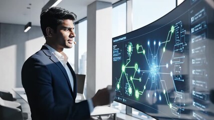 Man in suit interacts with large curved screen displaying digital network diagram in modern office setting He points at interface and turns to face camera - Powered by Adobe