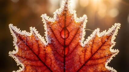Stunning autumn maple leaf, vibrant red, covered in sparkling frost and a water drop