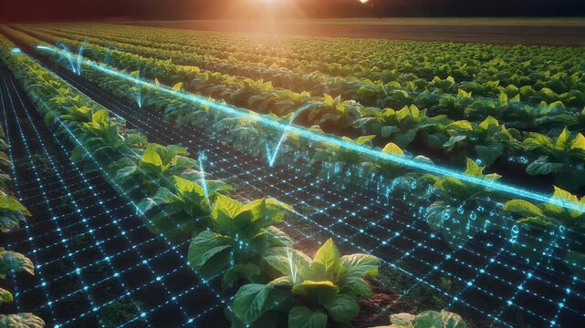 AI-Powered Futuristic Agriculture Field at Sunrise