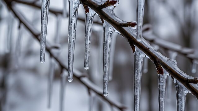 Closeup of glistening icicles hanging from bare tree branches in winter