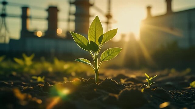 Macro Plant Sprouting Against Industrial Background