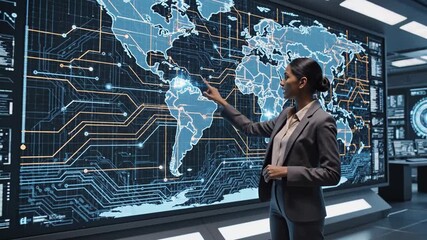 Person standing before large digital world map display with glowing circuit lines and data points Subject observes screen as light pulses across continents Setting is modern control room