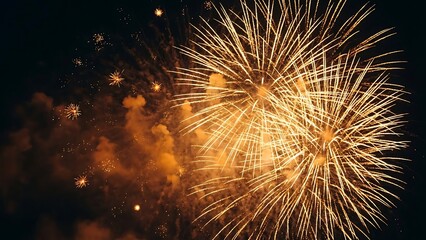 Bright golden fireworks illuminating the night sky