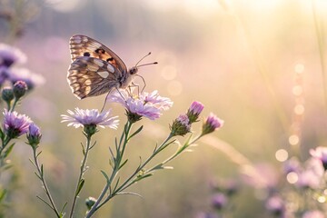 Obraz premium Macro of a butterfly resting on a flower with Spring dreamy pastel bokeh