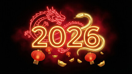 Golden 2026 numbers with glowing dragon, snake, red lanterns and gold ingots celebrating Chinese New Year festive theme