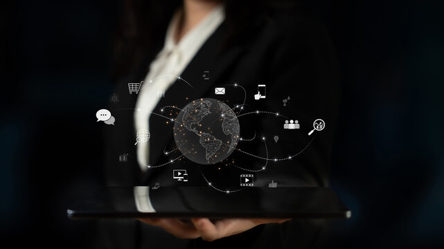 Visualization of global digital communication and online across multiple platforms, including global network, digital network, communication network, and online network. Latch