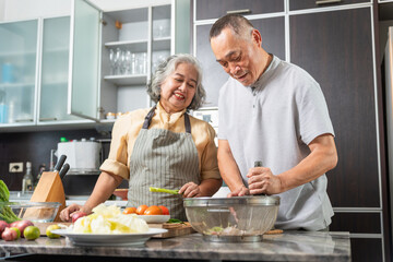 Senior lifestyle with asian couple making homemade food in kitchen, Asian senior couple cooking healthy meal together in home kitchen, Elderly couple preparing fresh vegetables and ingredients at home
