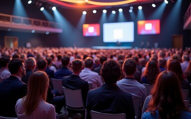 Large audience attending professional conference in modern hall. High quality
