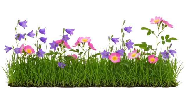 Lush green grass with vibrant purple bellflowers and pink wild roses blooming, isolated on a transparent background.