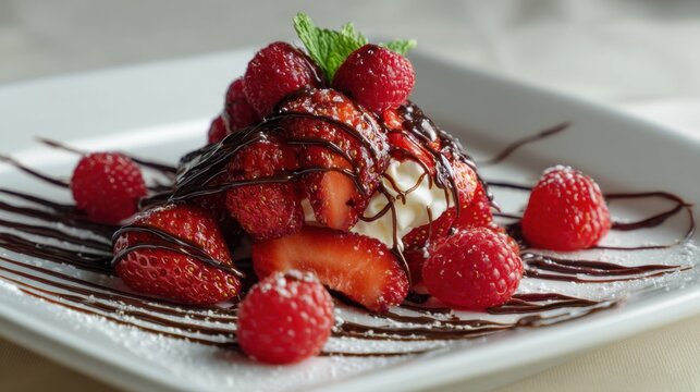 A dessert features fresh strawberries and raspberries arranged with whipped cream chocolate drizzle and mint. This sweet treat is perfect for any occasion.