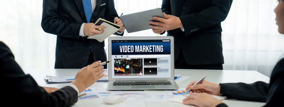 Video Marketing Concept on Laptop Screen. Video Marketing Advertising Business on Social Media and brisk Internet Network Technology Concept