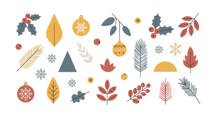 Collection of minimalist christmas holiday elements featuring festive baubles, snowflakes, holly berries, and winter foliage in a modern, muted color palette for seasonal design