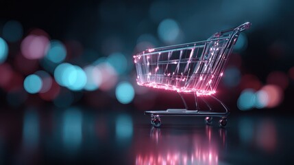 Digital shopping cart glowing with vibrant neon lights, symbolizing modern e-commerce and online retail technology innovation.