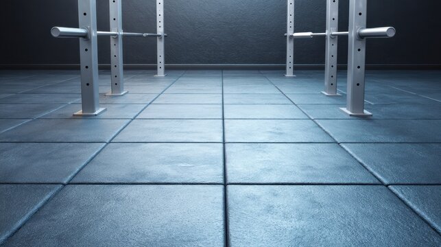 Modern fitness gym interior with squat rack, textured tiles, and dramatic lighting creating an atmosphere of strength and determination for workout sessions