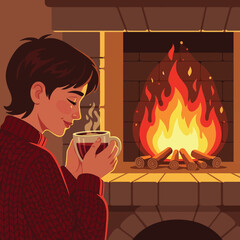 Relaxing by a cozy fireplace enjoying hot drink in winter holiday season