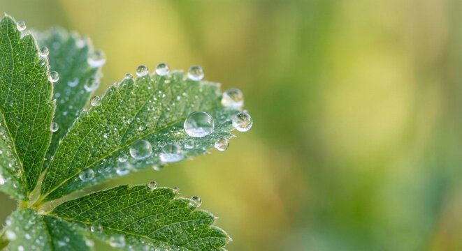 Macro shot of dew droplets on bright green leaves