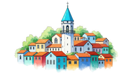 Fototapeta premium Charming watercolor village with a tall white bell tower and colorful houses