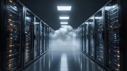 Server racks in server room data center - Cloud Computing, Artificial Intelligence, Database Concept Stock Illustration 