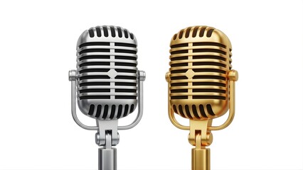 Fototapeta premium Classic silver and gold vintage microphones side by side, perfect for music and audio concepts, isolated on white background