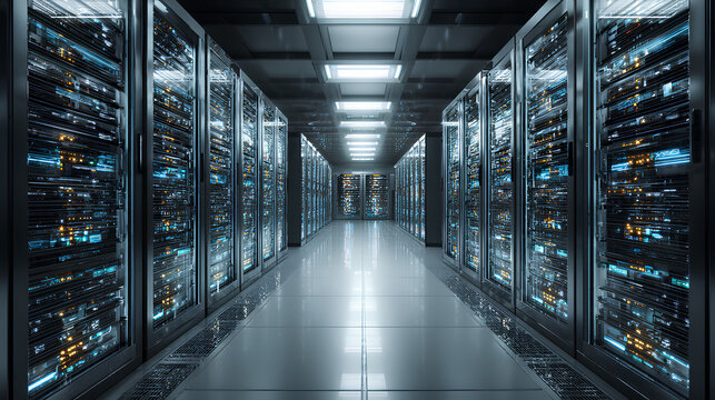 Server racks in server room data center - Cloud Computing, Artificial Intelligence, Database Concept Stock Illustration 
