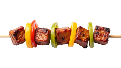 Grilled skewers with colorful vegetables and marinated protein create delicious and vibrant dish perfect for outdoor gatherings