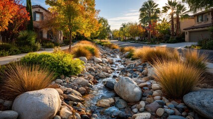 Suburban street with decorative dry creek bed, flowing water, and colorful autumn trees lining houses at sunset.