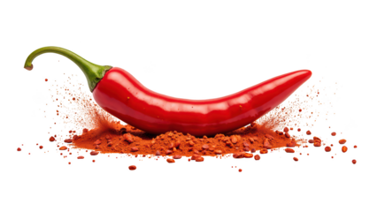 Fresh red chili pepper with vibrant color, surrounded by chili powder, showcasing its spicy essence and culinary appeal